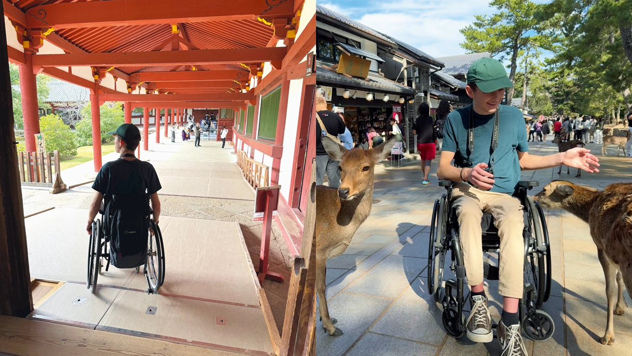 Stan at the Kodai-ji temple and Stan with deer looking for food in Nara.webp