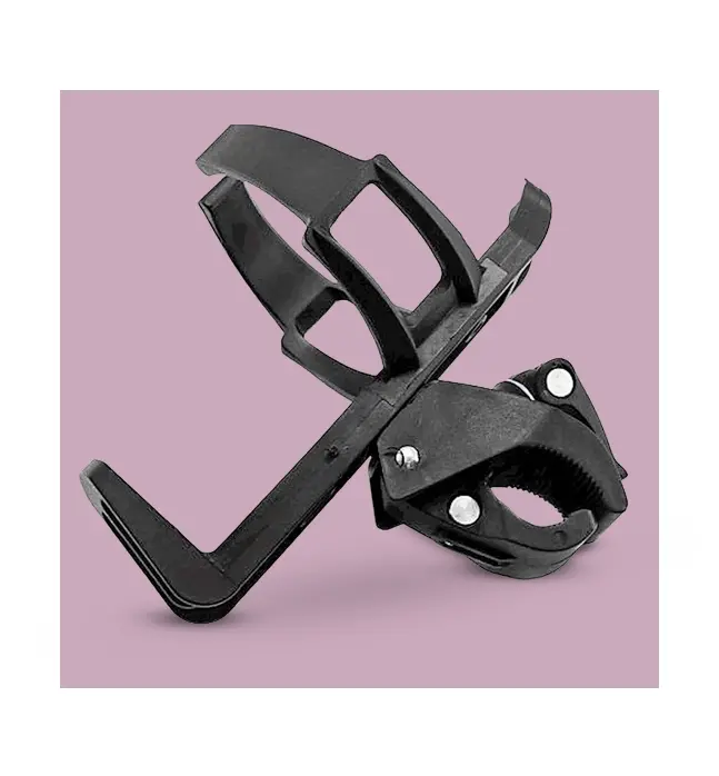 A black plastic cup holder with a clamp attachment, designed to fit onto a wheelchair or mobility scooter frame