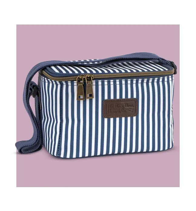 A blue and white striped insulated cool bag with an adjustable shoulder strap for keeping food or medication fresh on outings