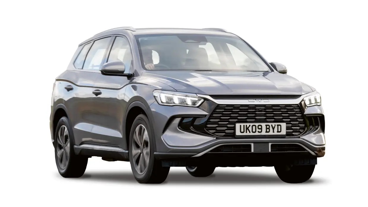 A grey BYD Sealion 5 SUV with a large front grille and alloy wheels, isolated on a white background