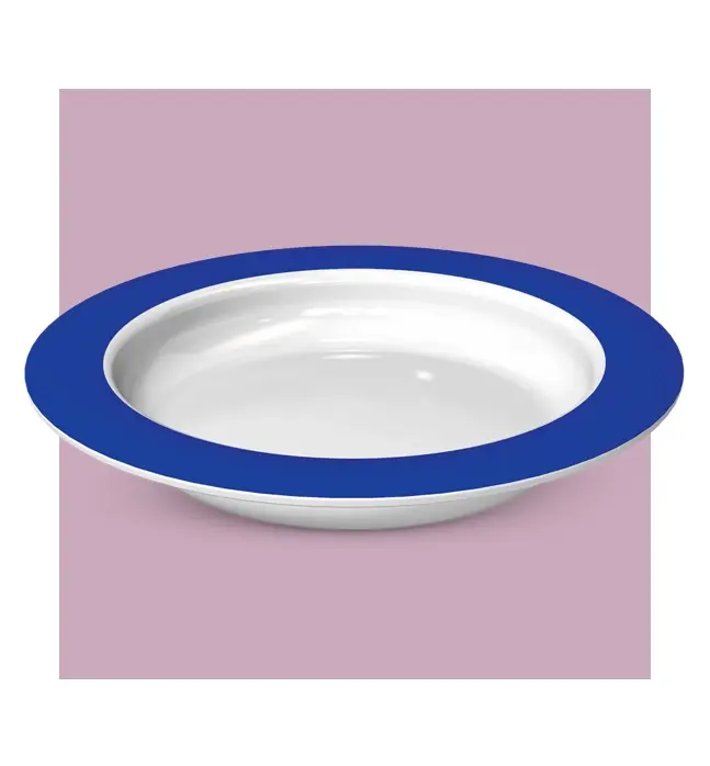 A high-rimmed white scoop plate with a wide blue border to assist with easier eating and provide visual contrast