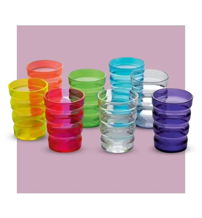 A set of colorful, easy-grip translucent cups with a ribbed design to provide a secure hold for users