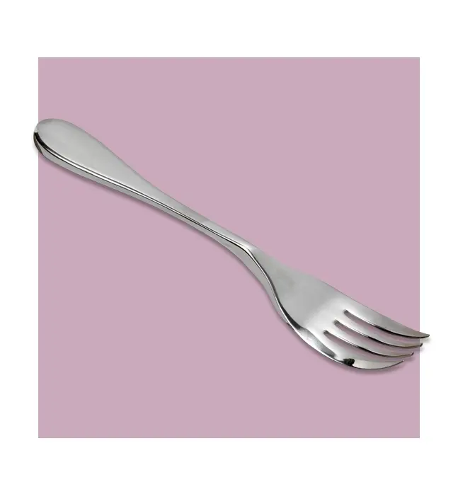 An adaptive stainless steel fork with an ergonomically curved handle to aid in easier dining