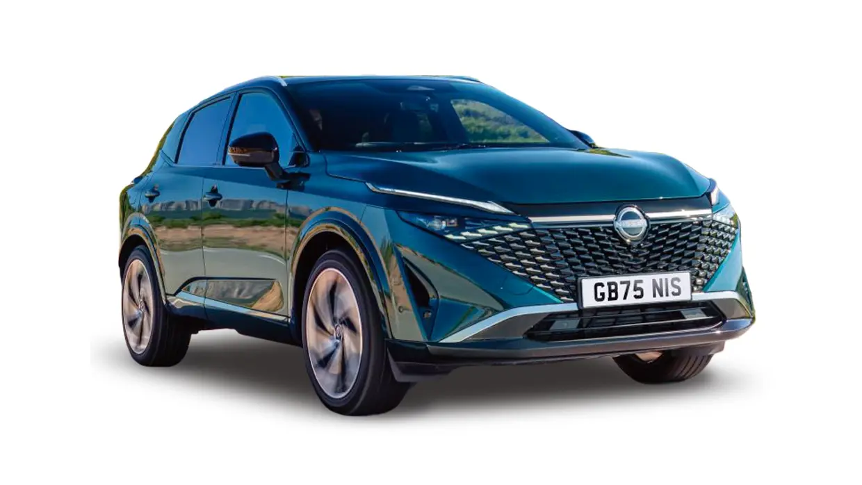 A dark teal Nissan Qashqai SUV with a prominent front grille and alloy wheels, isolated on a white background