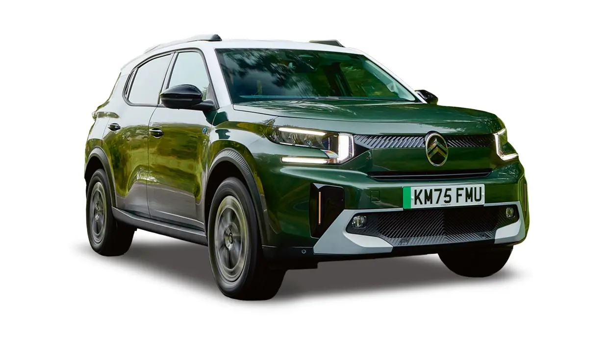 A green Citroen ec3 electric suv with a white roof and led headlights, isolated on a white background