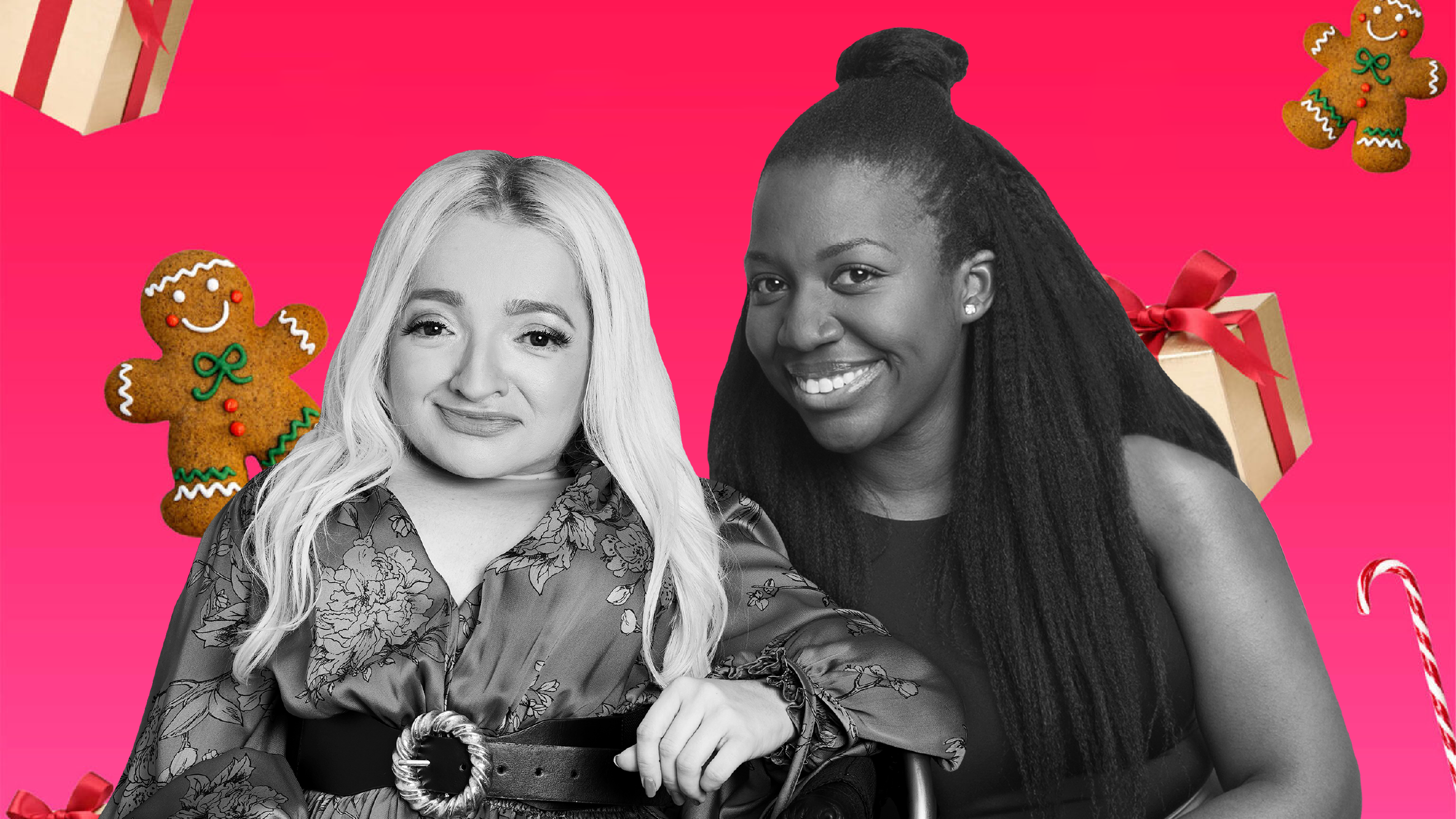 Grayscale portrait images over a pink background of Motability Lifestyle Podcast hosts Samantha Renke and Sophie-Marie Odum