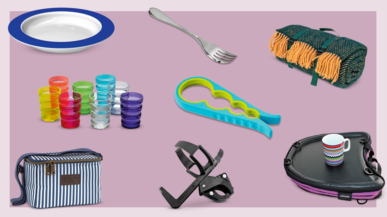 A collection of daily living aids including an adaptive jar opener, rimmed plate, and a wheelchair-mounted cup holder.