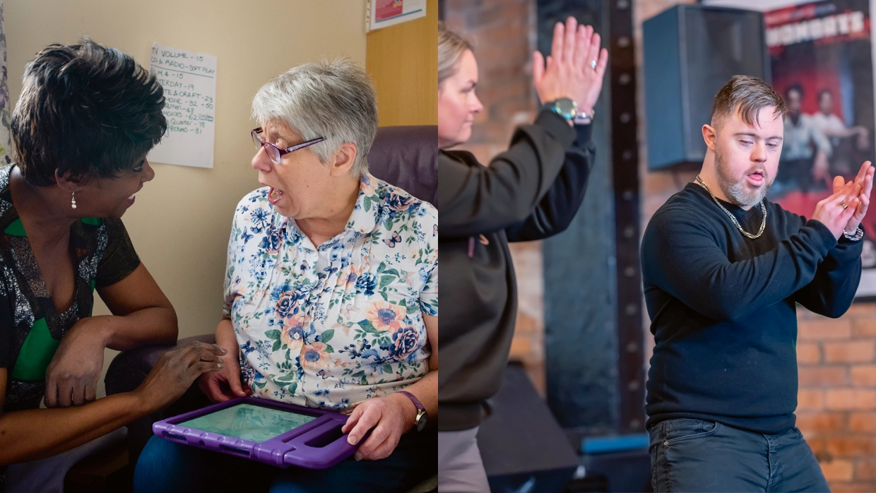 Two photos side-by-side: one is two women talking and another one is a man and a women dancing