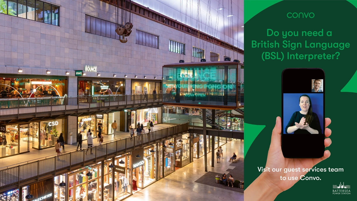 A photo of Battersea Power Station and a phone being held up with a BSL Interpreter