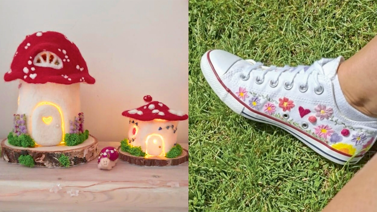 Photos of a toadstool and embroidered pumps 