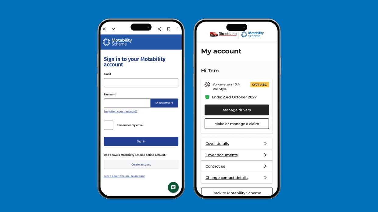 Screenshots of the Motability Scheme online account on a mobile smart phone showing the sign-in page and a personal dashboard for managing vehicle and insurance details.