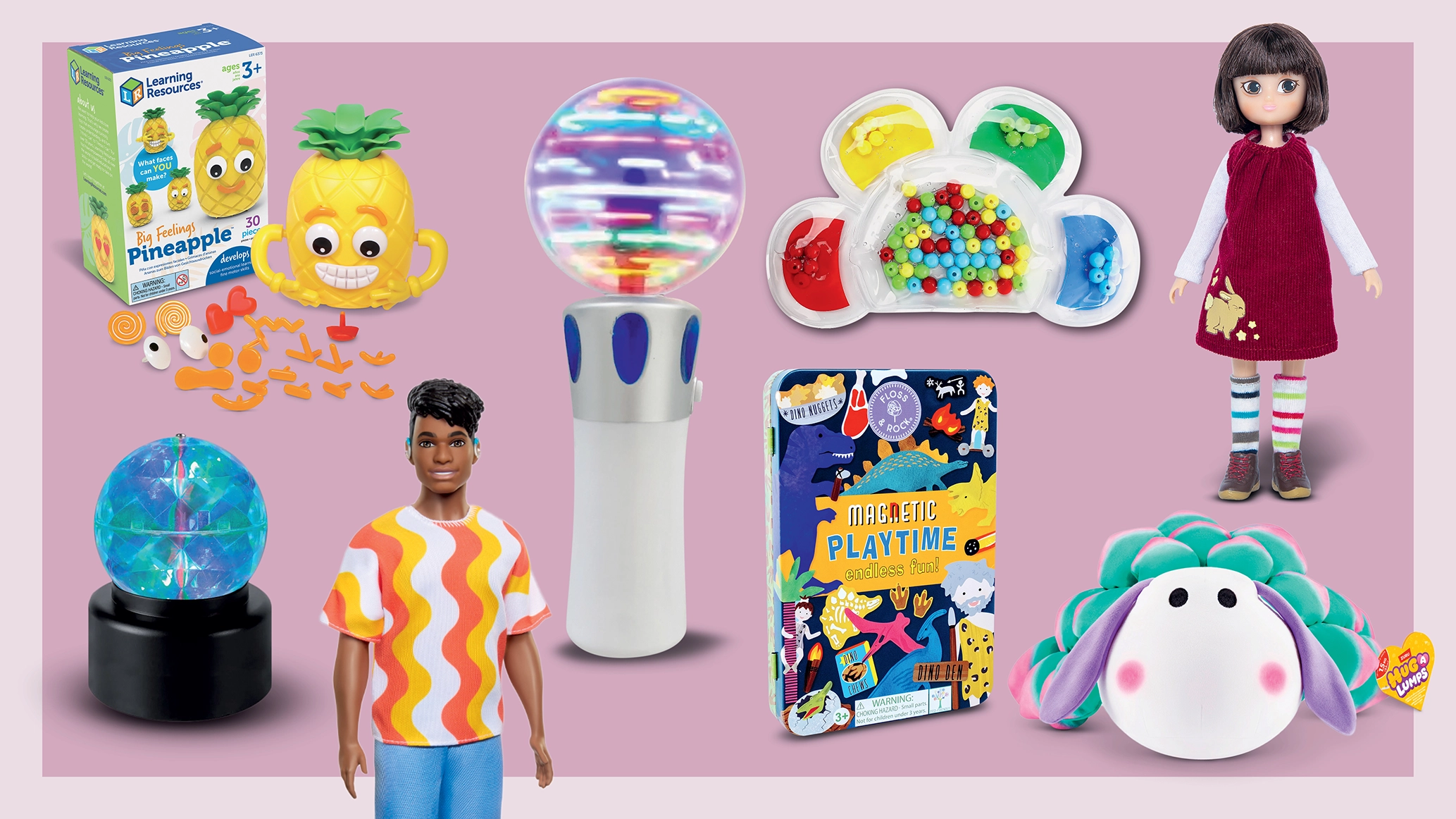 A collection of kids' toys pictured over a pink background.