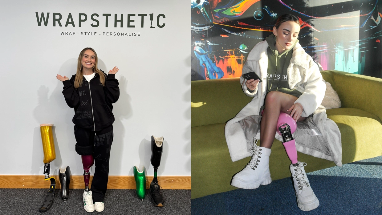 Bernadette Hagans showcases stylish Wrapsthetic prosthetic leg covers through a studio display and while wearing a pink wrap on a sofa.