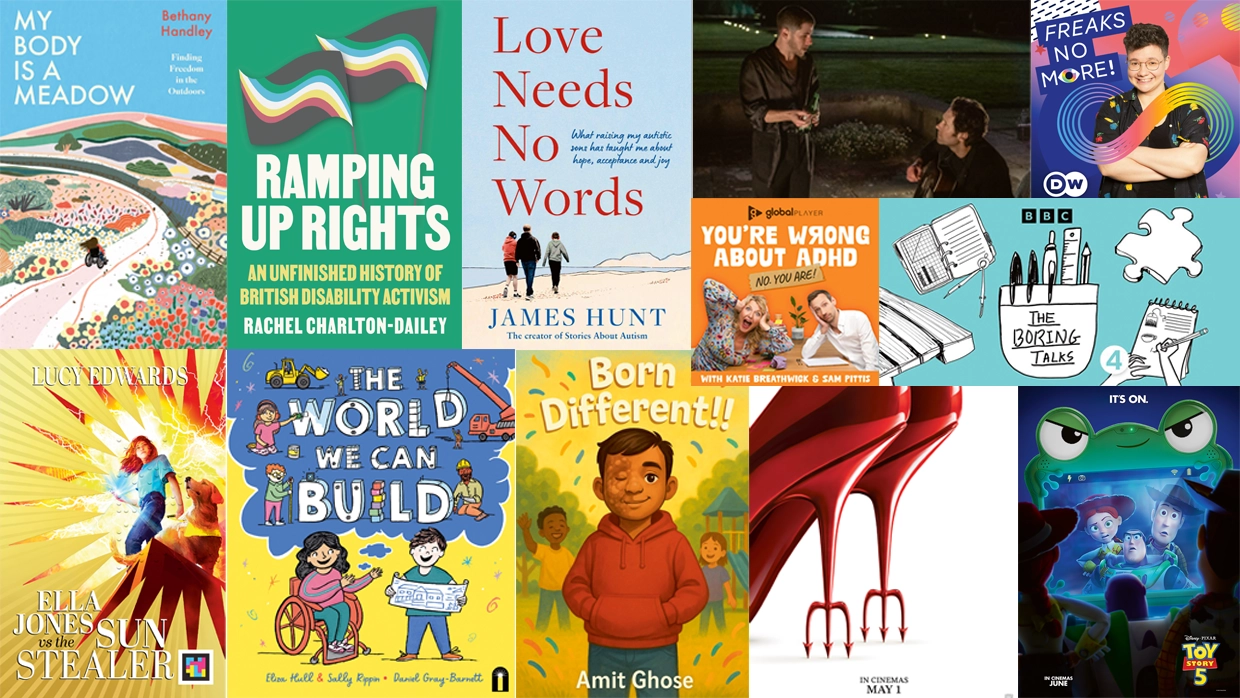 A collage of books, podcasts, and movie posters showcasing diverse stories of disability representation and neurodiversity.