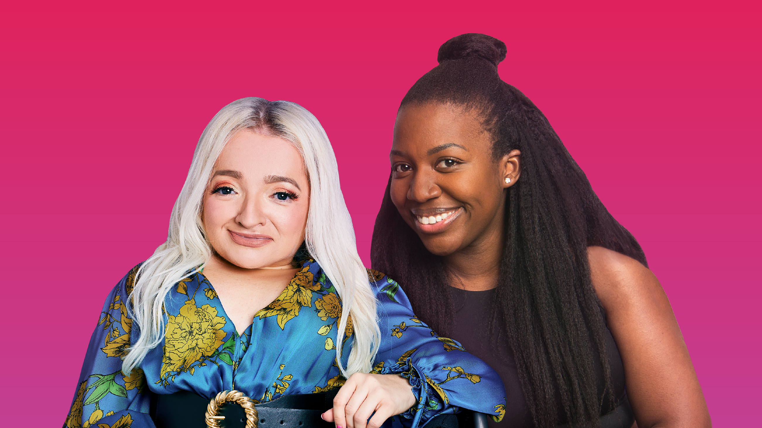 Photo of Sophie and Sam in front of a pink background