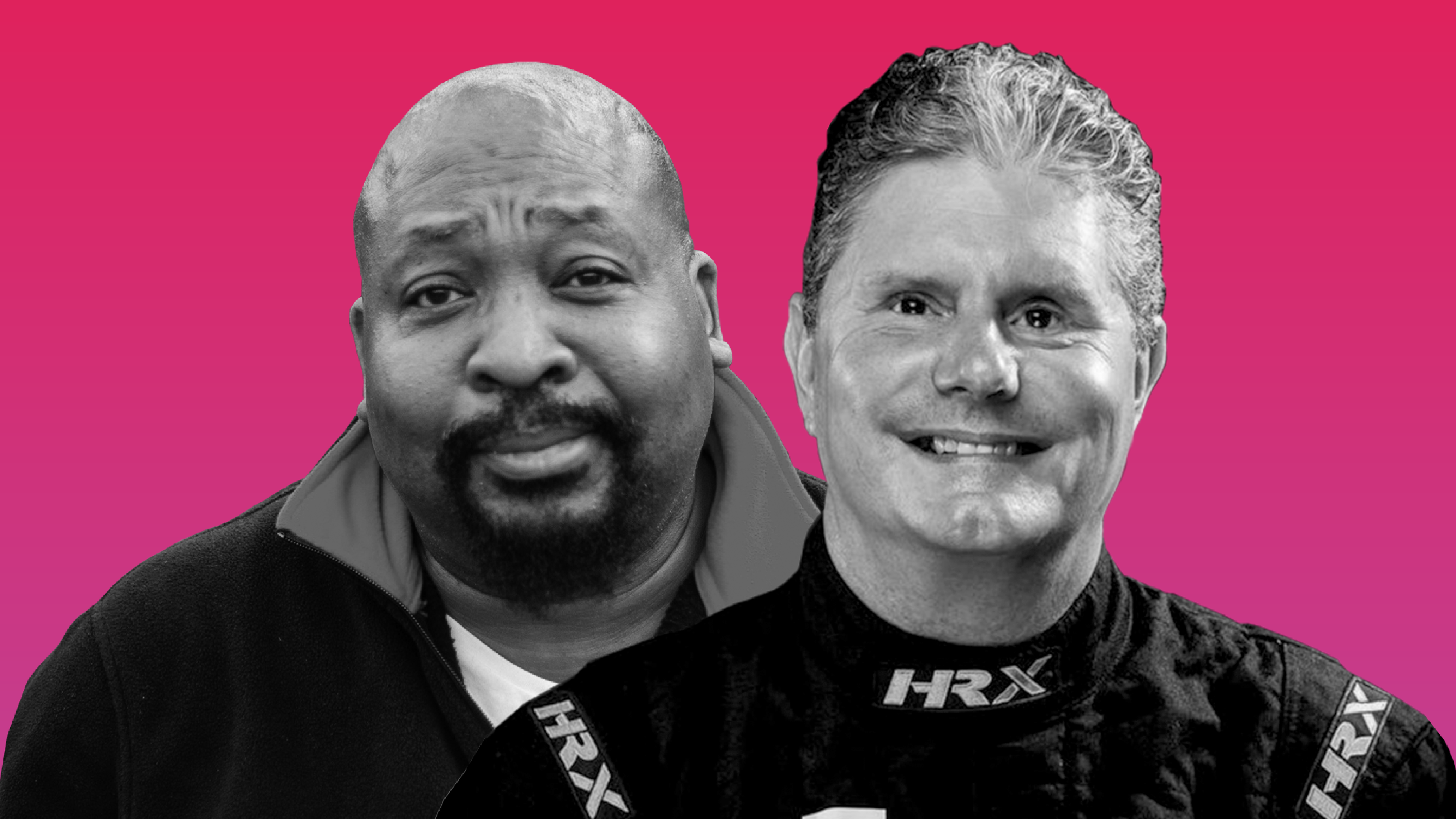 Photo of John and Mike in front of a pink background