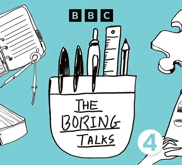 Promotional art for BBC’s 'The Boring Talks' podcast, featuring sketches of stationery and a puzzle piece on a teal background
