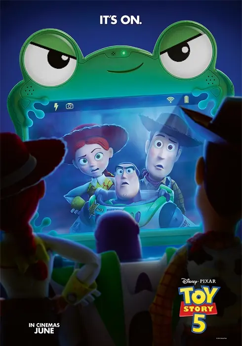 Promotional poster for Disney Pixar’s Toy Story 5, featuring Woody, Buzz, and Jessie staring at a glowing frog-themed tablet