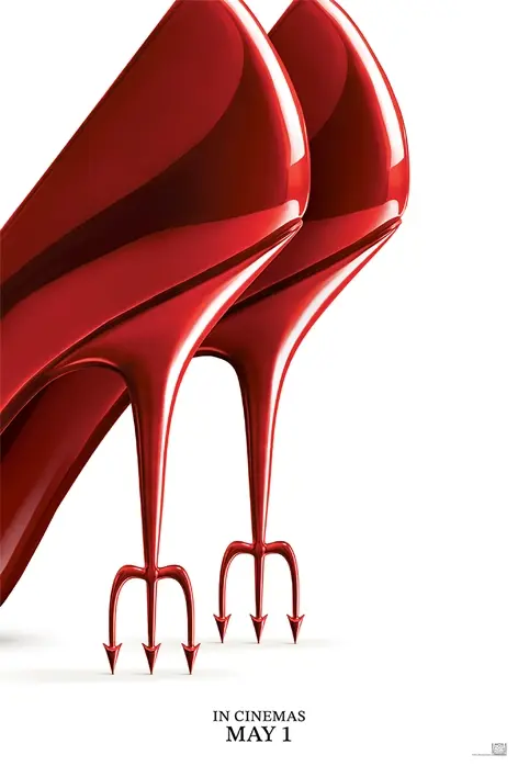Promotional poster for 'The Devil Wears Prada' sequel, featuring red stiletto heels shaped like devil's pitchforks