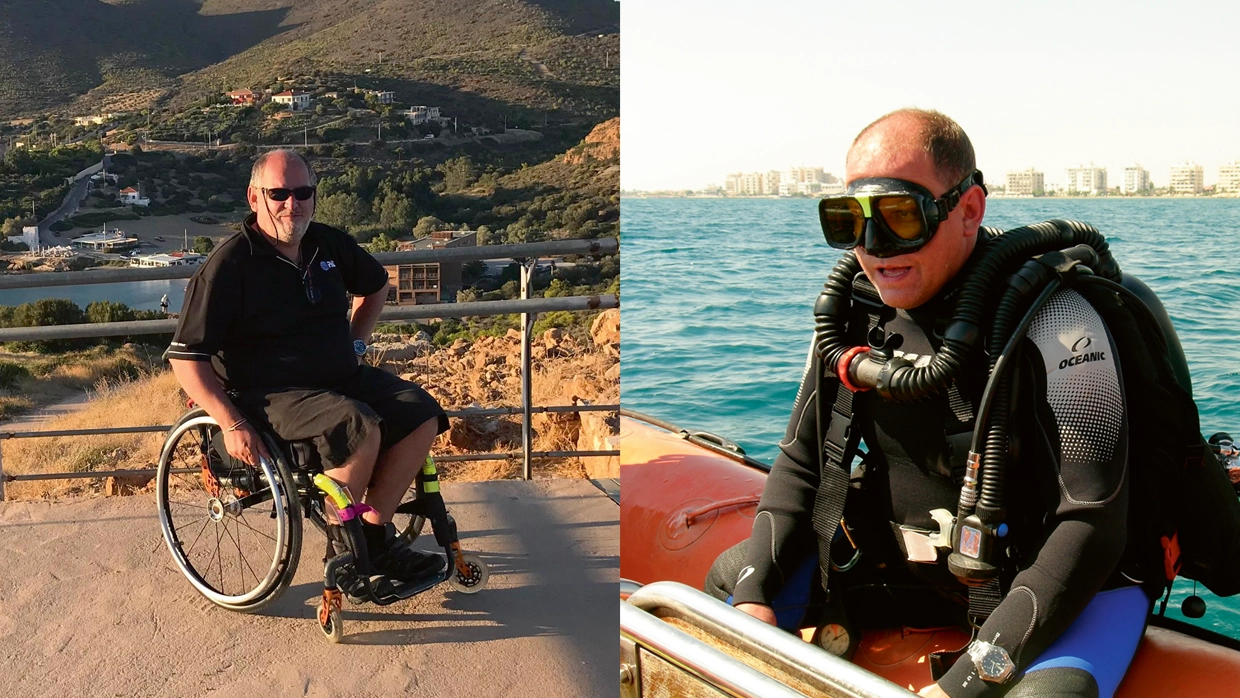 split-image-left-a-man-fraser-bathgate-in-a-wheelchair-at-a-coastal-overlook-and-right-in-full-scuba-gear-on-a-boat-showcasing-an-active-and-adventurous-lifestyle.webp