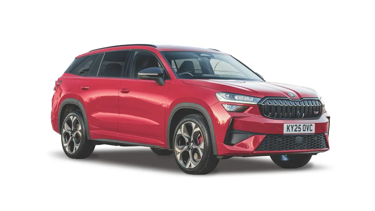 A red Skoda Kodiaq SUV poised in front of a clear, white background