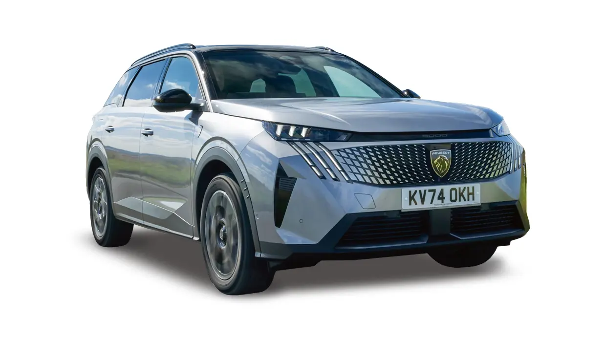 Three-quarter front view of a silver Peugeot 5008 SUV featuring its textured front grille and slim LED headlights