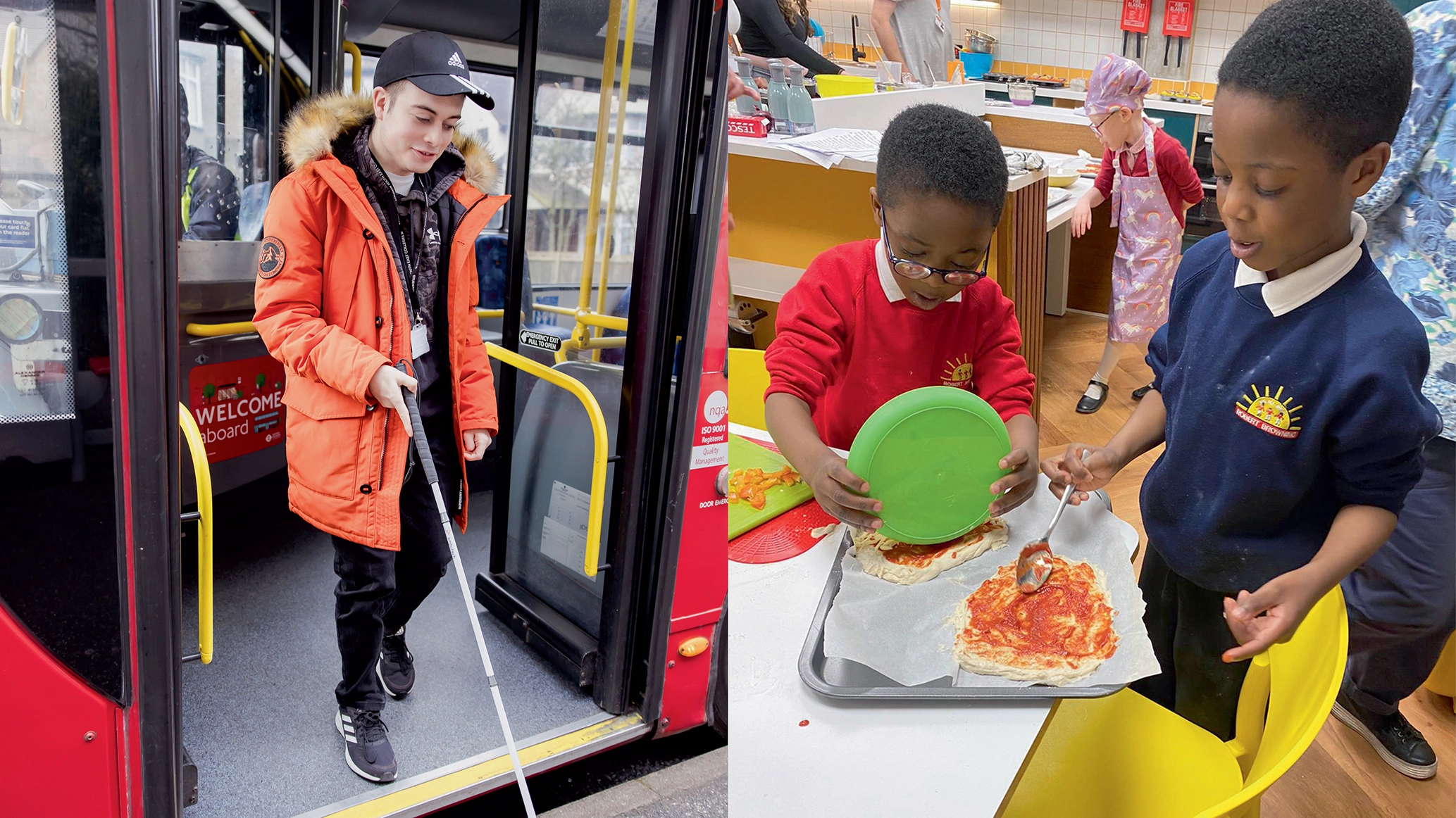 two-images-side-by-side-one-showing-a-young-visually-impaired-bus-travelling-stepping-off-of-the-bus-using-their-cane-and-another-showing-two-young-boys-in-a-cooking-workshop.webp